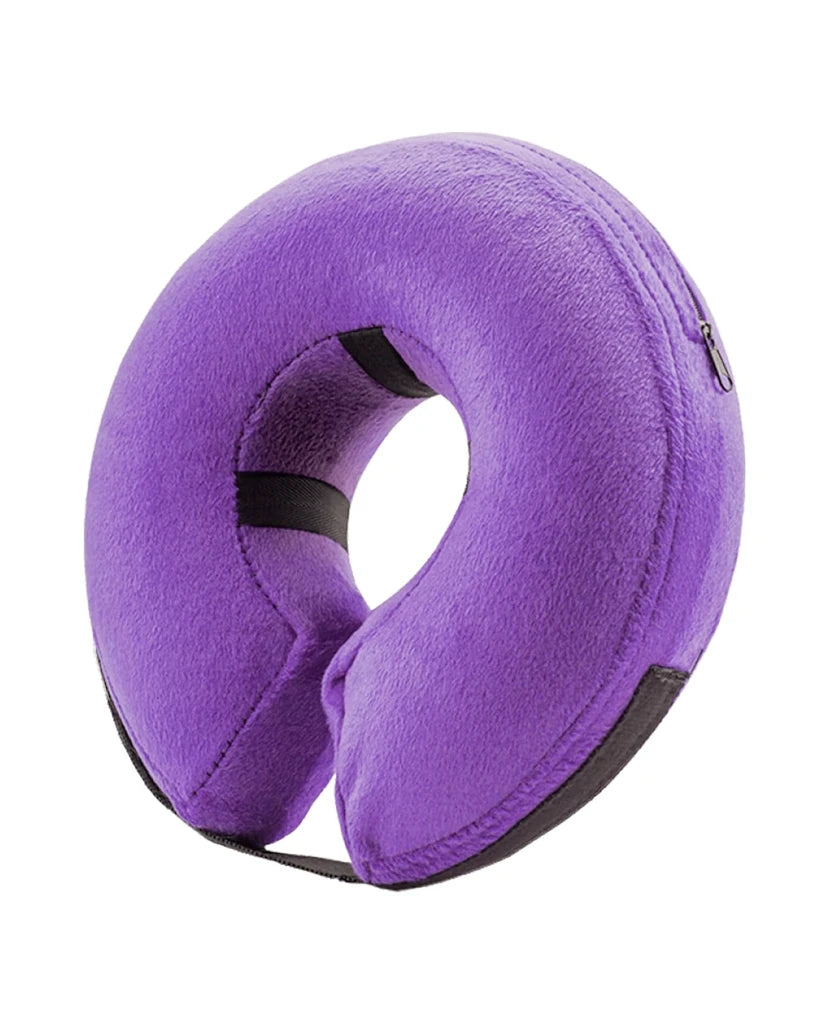 a purple neck pillow with a zipper