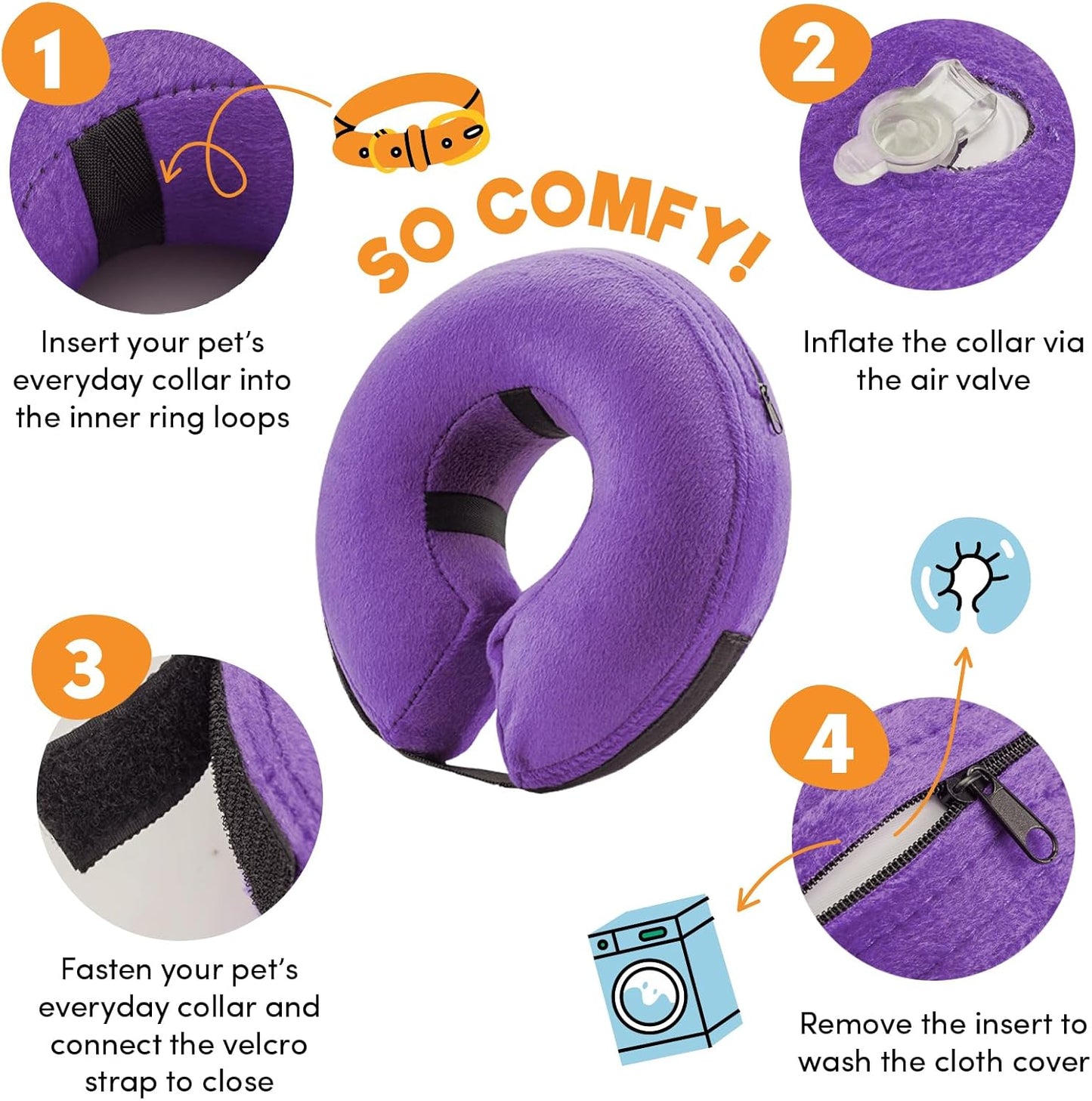 a purple neck pillow with instructions with text: '1 2 SO COMFY! Insert your pet's Inflate the collar via everyday collar into the air valve the inner ring loops 3 4 Fasten your pet's everyday collar and connect the velcro Remove the insert to strap to close wash the cloth cover'