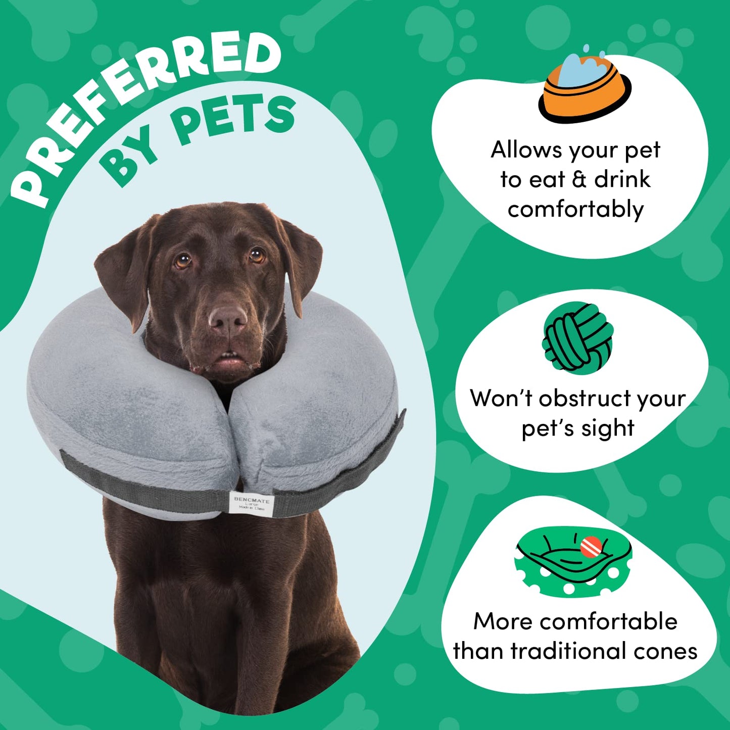a dog with a neck pillow with text: 'BY PETS PREFERRED Allows your pet to eat & drink comfortably Won't obstruct your pet's sight BENCMATE More comfortable than traditional cones'