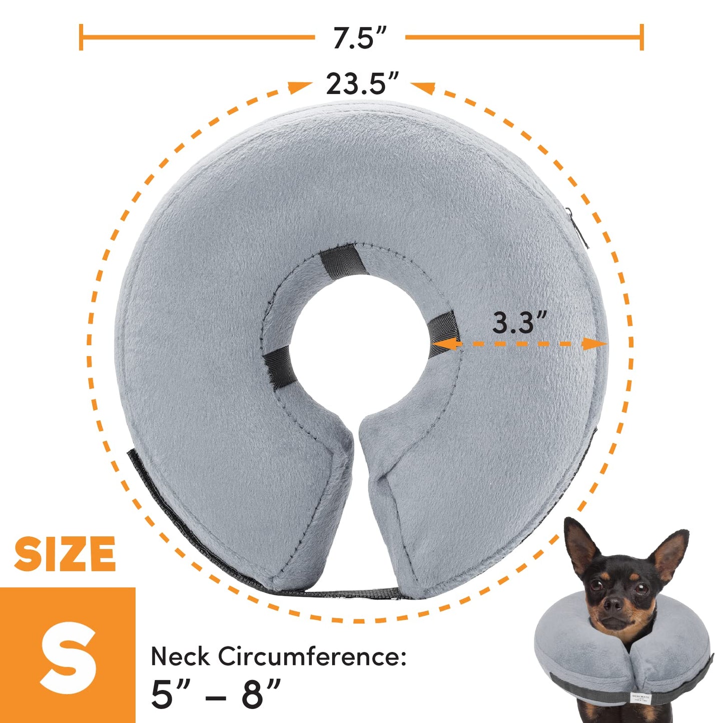 a dog wearing a neck pillow with text: '7.5" 3.3" SIZE S Neck Circumference: 5" -'