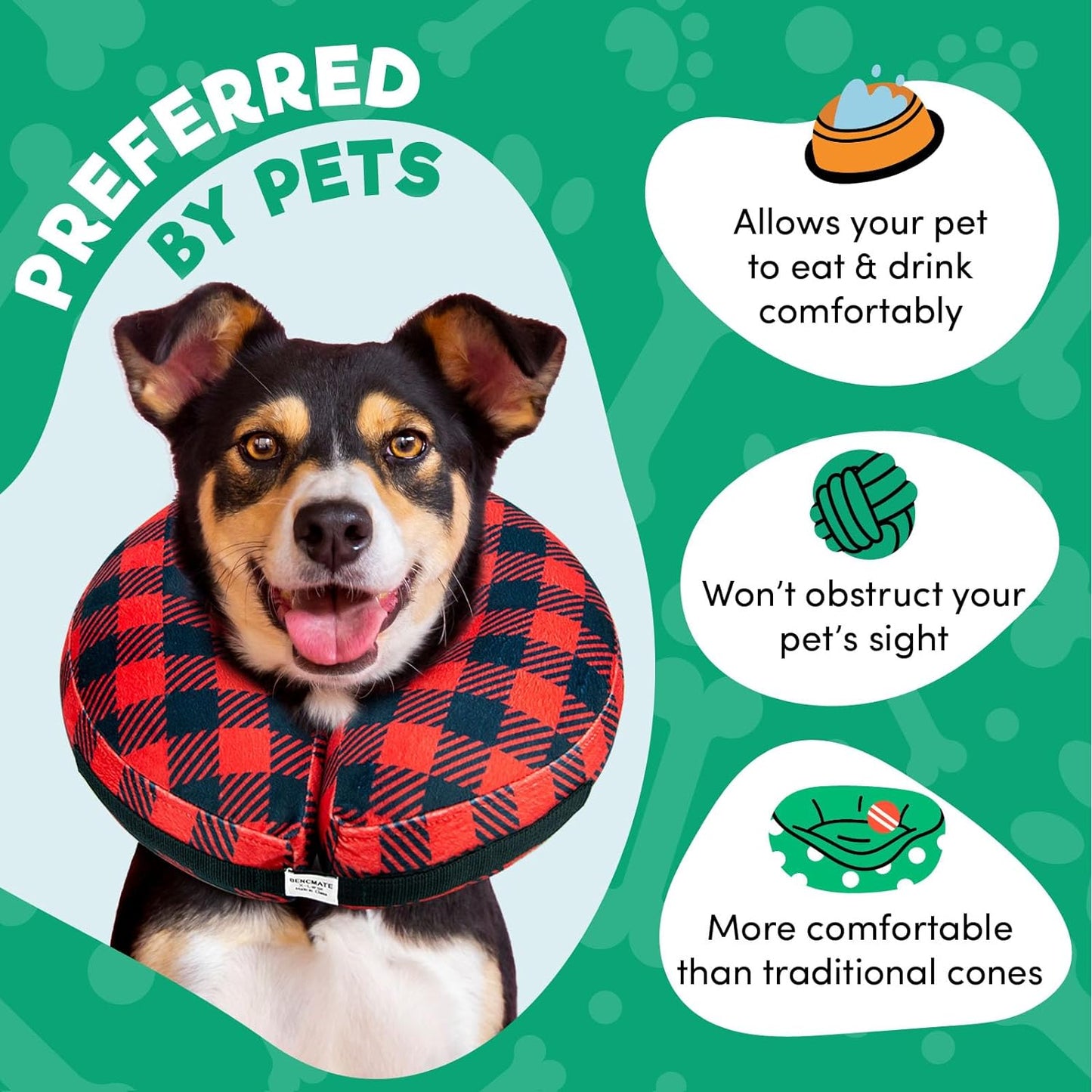 a dog wearing a collar with text: 'BY PETS PREFERRED Allows your pet to eat & drink comfortably Won't obstruct your pet's sight More comfortable than traditional cones'