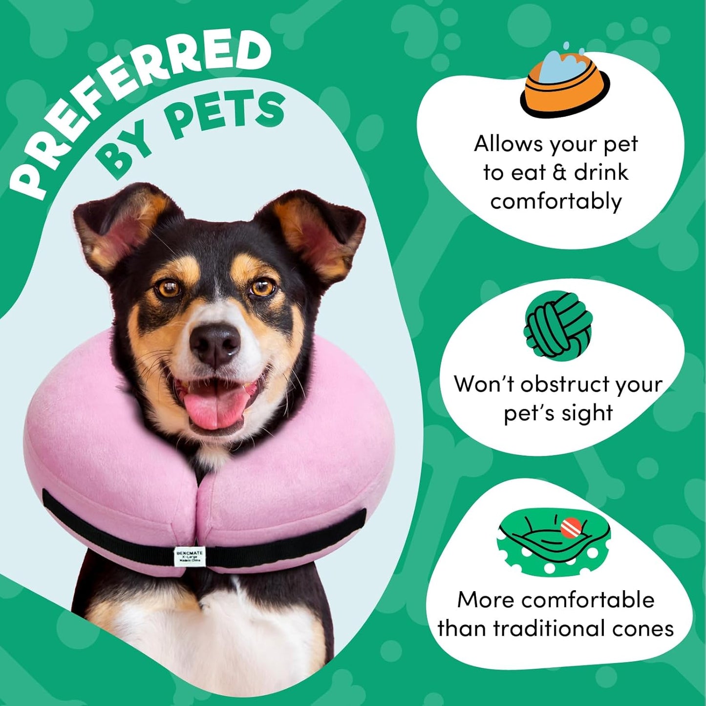 a dog wearing a pink collar with text: 'PREFERRED BY PETS Allows your pet to eat & drink comfortably Won't obstruct your pet's sight ENCMATE More comfortable than traditional cones'