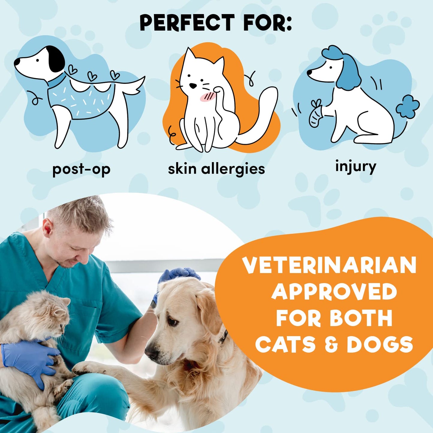 a person in scrubs holding a cat and a dog with text: 'PERFECT FOR: post-op skin allergies injury VETERINARIAN APPROVED FOR BOTH CATS & DOGS'
