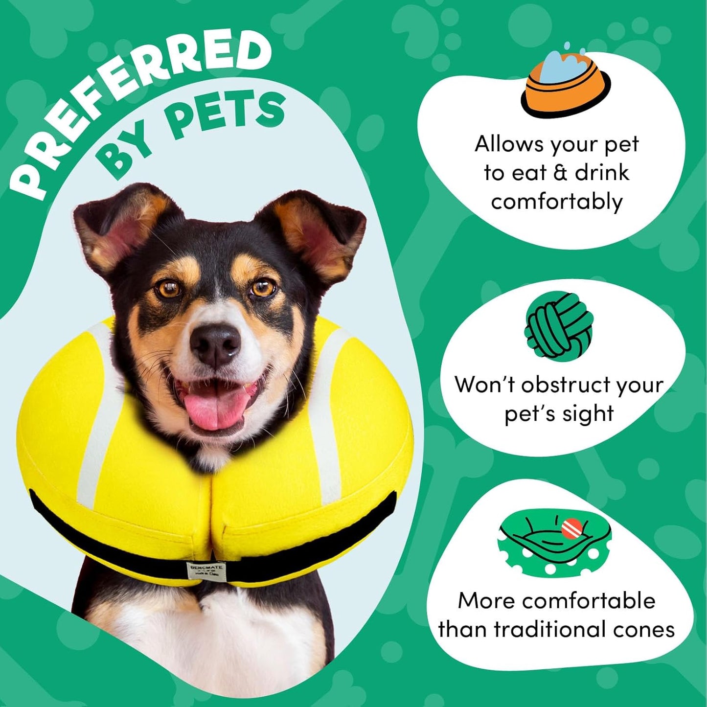 a dog wearing a life vest with text: 'PREFERRED BY PETS Allows your pet to eat & drink comfortably Won't obstruct your pet's sight More comfortable than traditional cones'