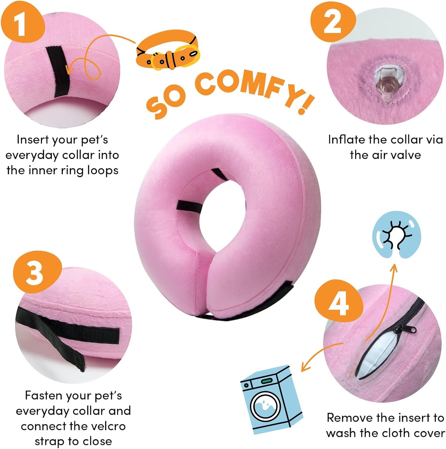 a collage of instructions on how to use a neck pillow with text: '1 2 COMFY! Insert your pet's Inflate the collar via everyday collar into the air valve the inner ring loops 3 4 Fasten your pet's everyday collar and connect the velcro Remove the insert to strap to close wash the cloth cover'