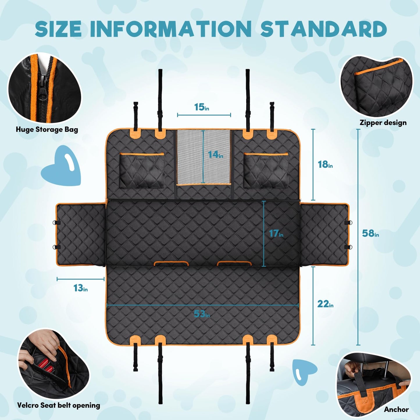 a diagram of a car seat with text: 'SIZE INFORMATION STANDARD Zipper design 1 Huge Storage Bag 14. 18in 17 in 58in 0 13in 22in 53in Velcro Seat belt opening Anchor'