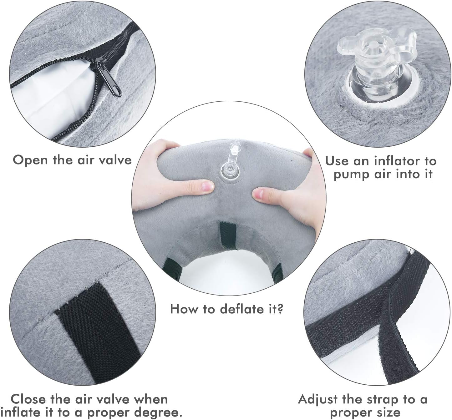 a collage of images of a pillow with text: 'Open the air valve Use an inflator to pump air into it How to deflate it? Close the air valve when Adjust the strap to a inflate it to a proper degree. proper size'