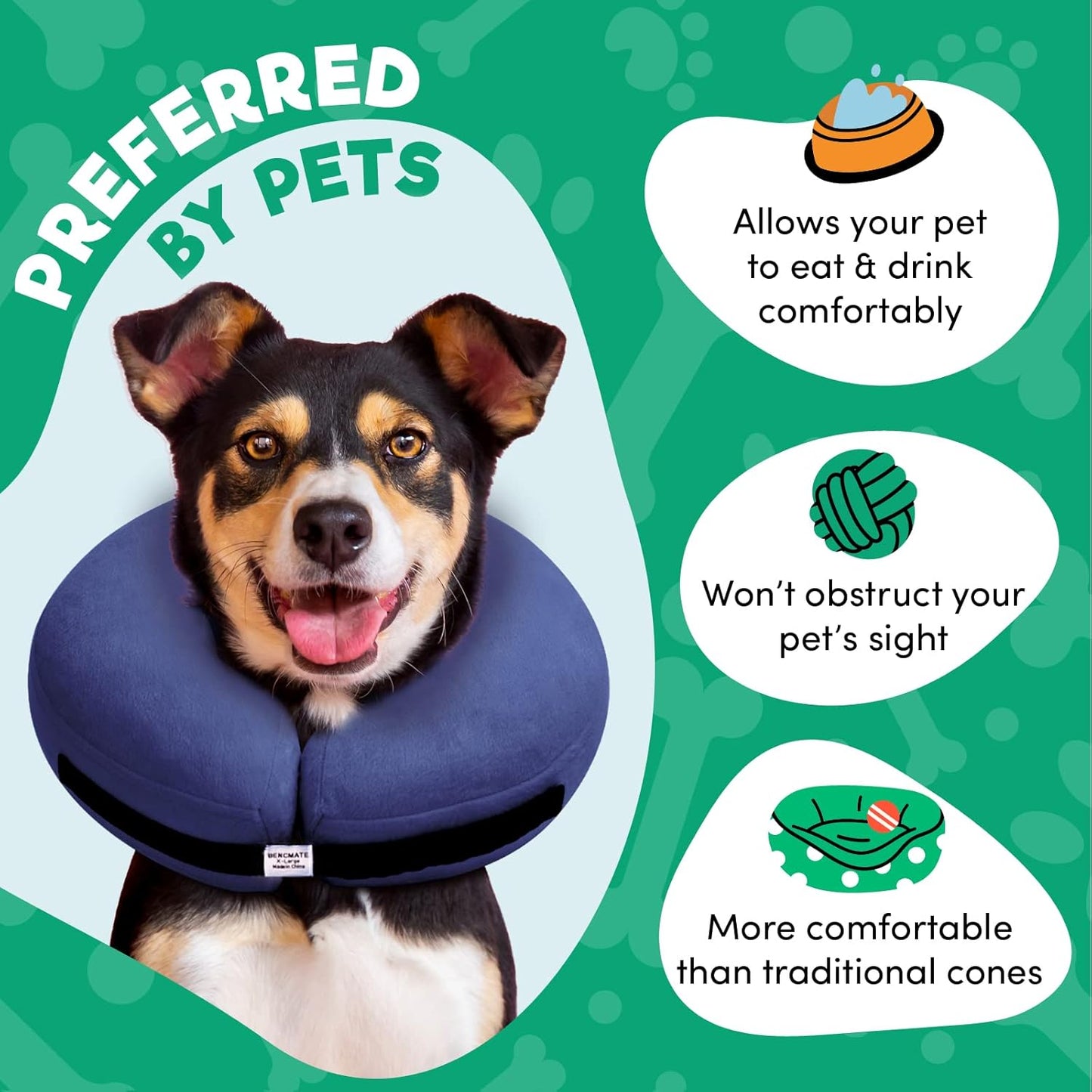 a dog wearing a neck brace with text: 'FERRED BY PETS Allows your pet to eat & drink comfortably Won't obstruct your pet's sight DENCMATE More comfortable than traditional cones'