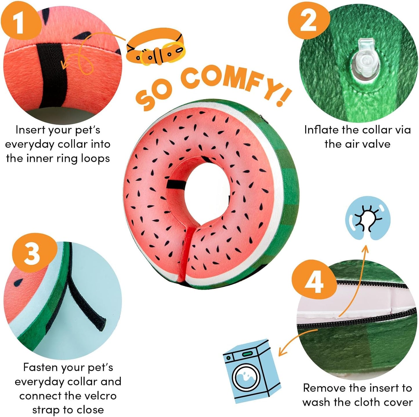 a collage of a watermelon shaped object with text: '1 2 COMFY! Insert your pet's Inflate the collar via everyday collar into the air valve the inner ring loops 3 4 Fasten your pet's everyday collar and connect the velcro Remove the insert to strap to close wash the cloth cover'
