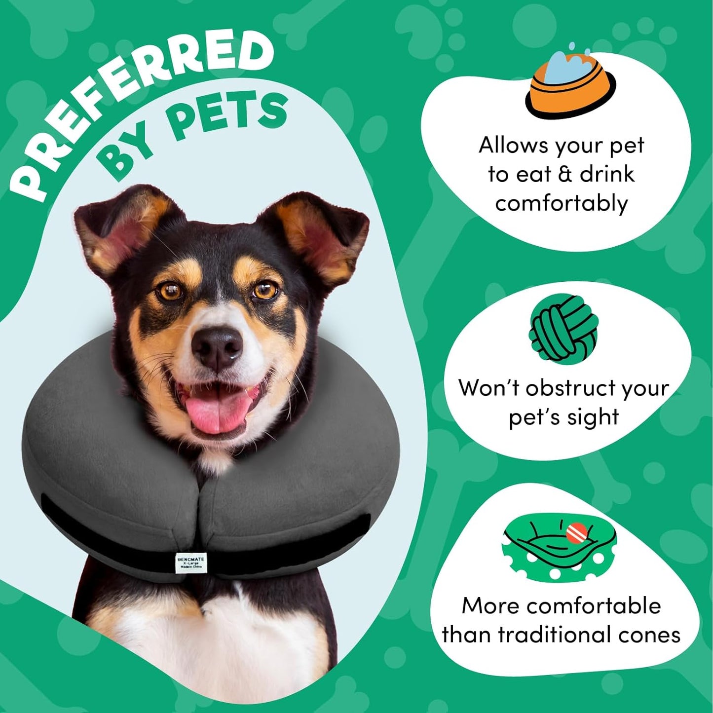 a dog wearing a neck brace with text: 'PREFERRED BY PETS Allows your pet to eat & drink comfortably Won't obstruct your pet's sight More comfortable than traditional cones'