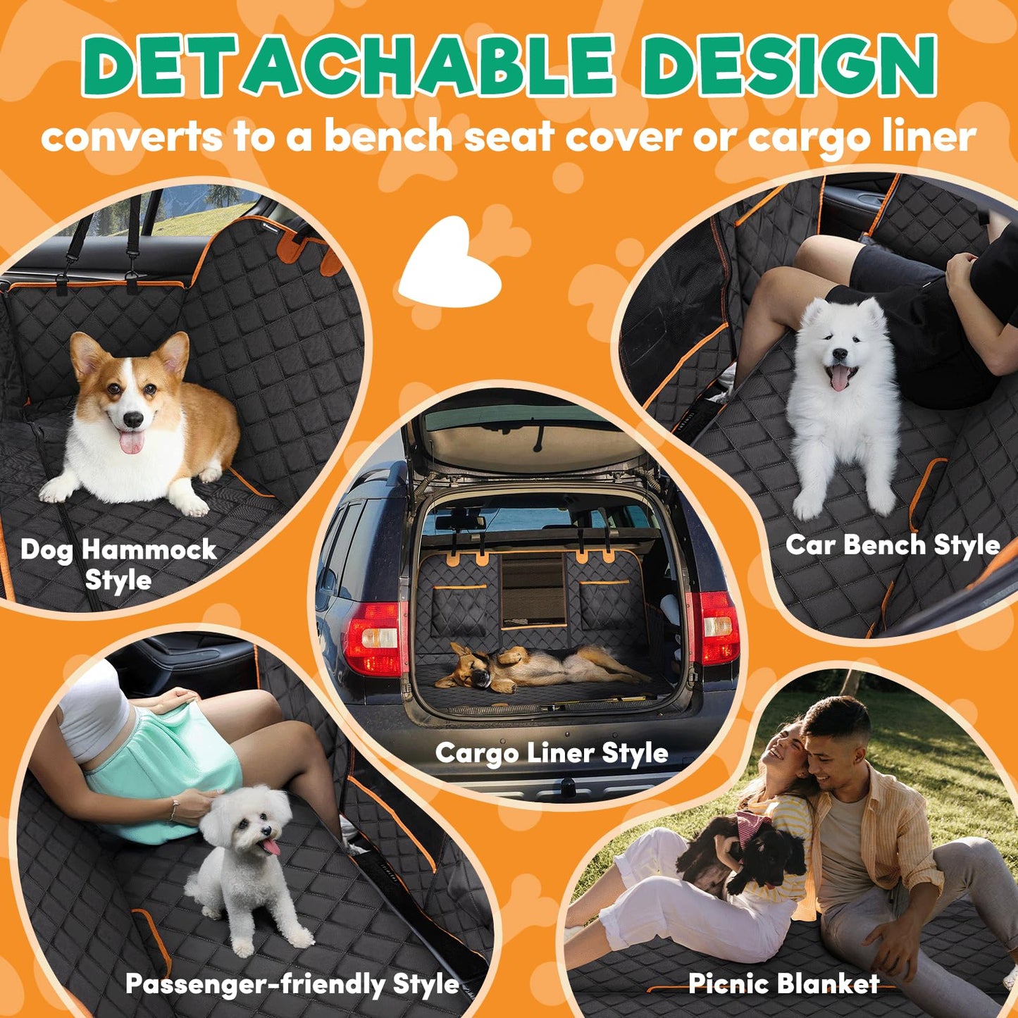 a collage of photos of dogs in the back of a car with text: 'DETACHABLE DESIGN converts to a bench seat cover or cargo liner Dog Hammock Car Bench Style Style Cargo Liner Style Passenger-friendly Style Picnic Blanket'