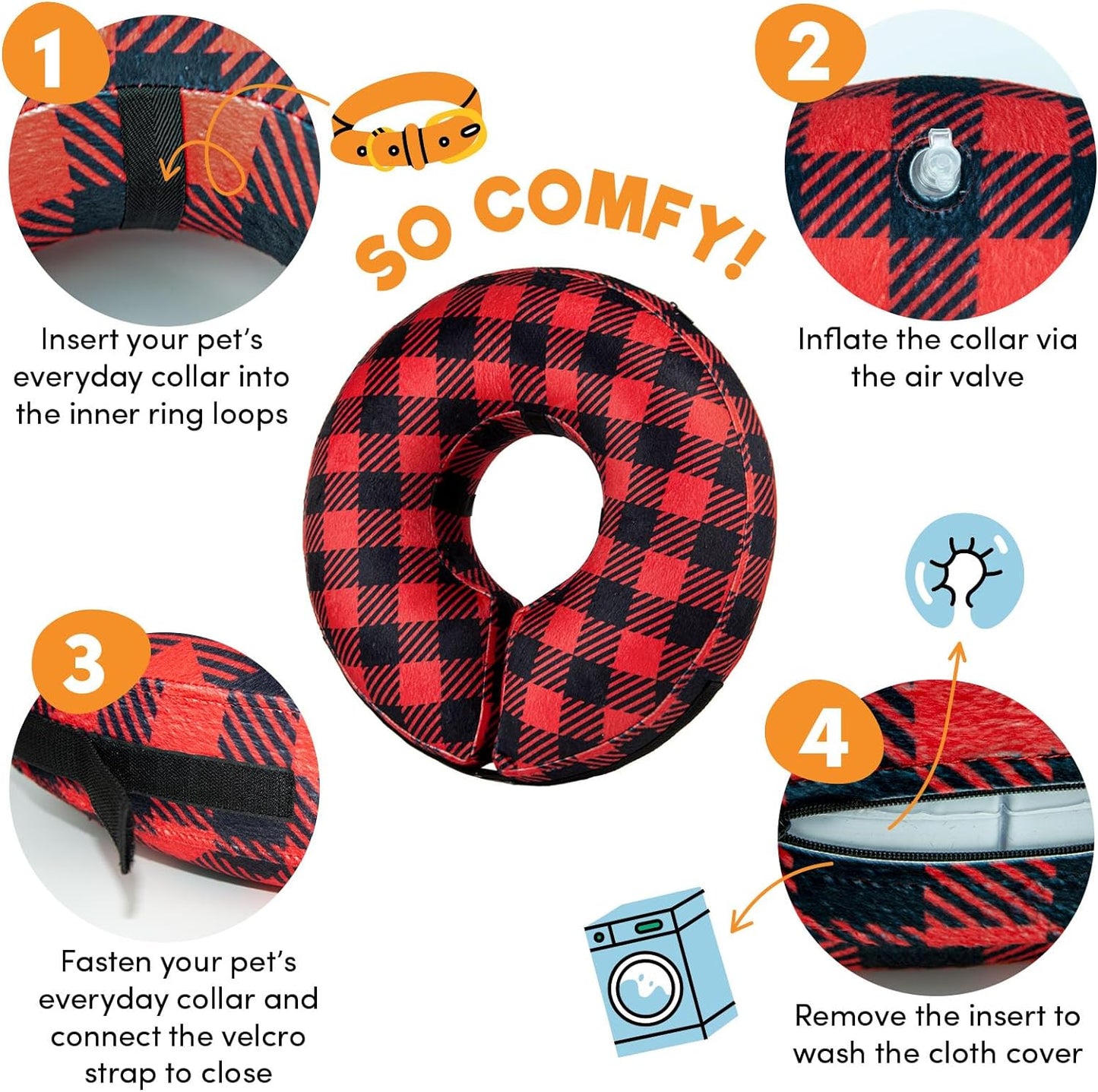 a collage of a red and black checkered pillow with text: '1 2 SO COMFY! Insert your pet's Inflate the collar via everyday collar into the air valve the inner ring loops 3 4 Fasten your pet's everyday collar and connect the velcro Remove the insert to strap to close wash the cloth cover'