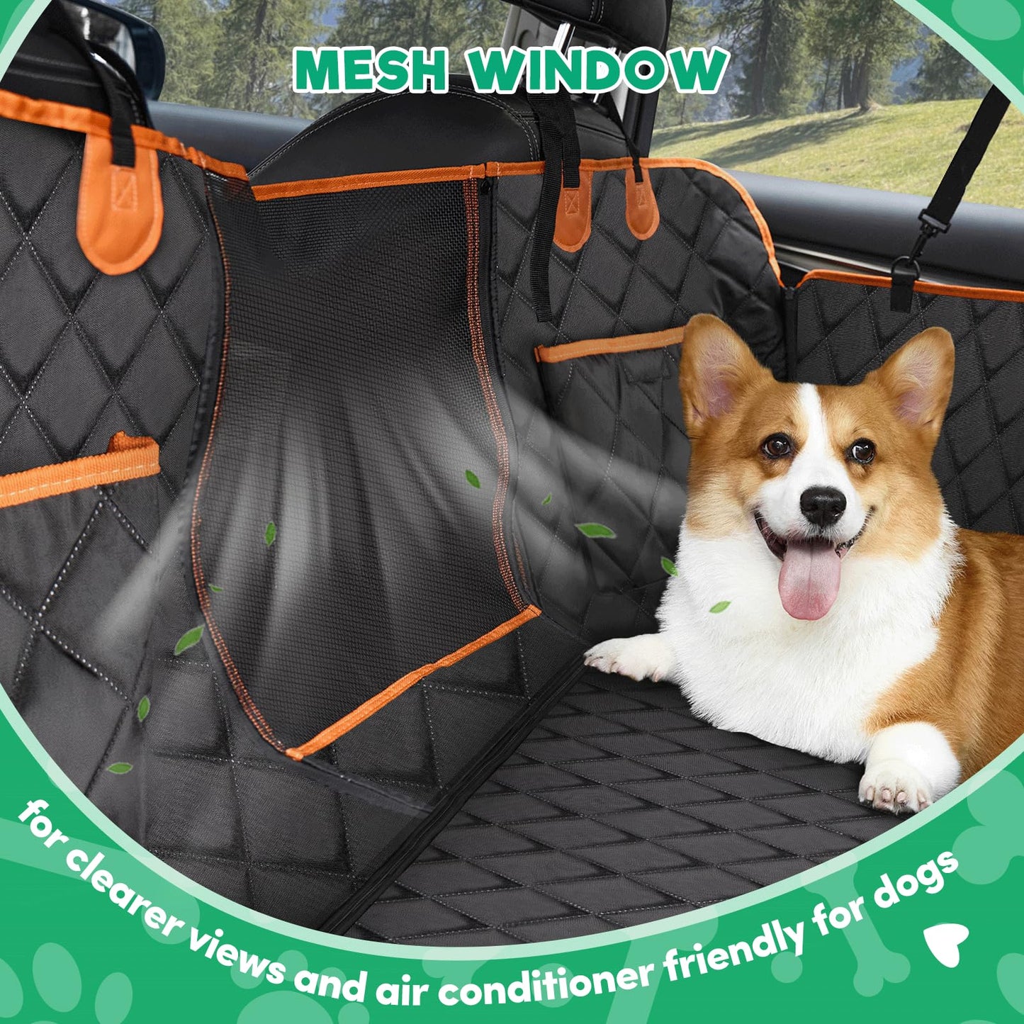 a dog in a car seat with text: 'MESH WINDOW or clearer views and air conditioner friendly for dogs'