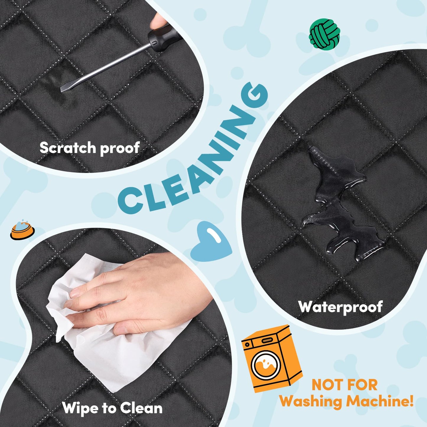 a cleaning service poster with a hand and a cleaning cloth with text: 'Scratch proof CLEANING Waterproof NOT FOR Wipe to Clean Washing Machine!'