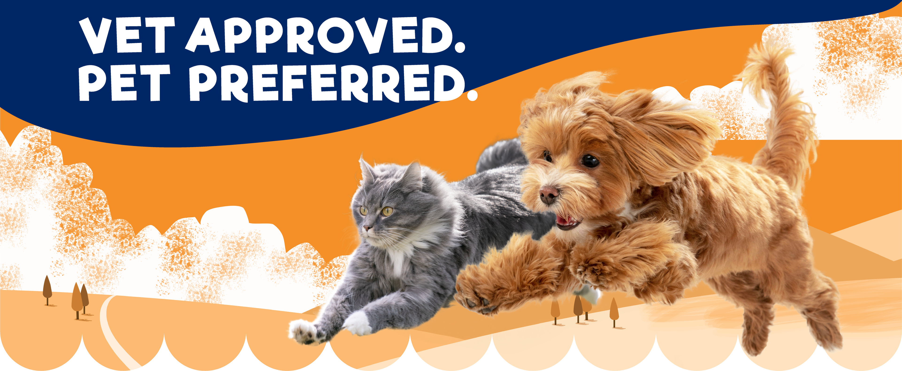 "vet approved. pet preferred." orange dog running with a gray cat in front of a 2D illustration of a monochromic field