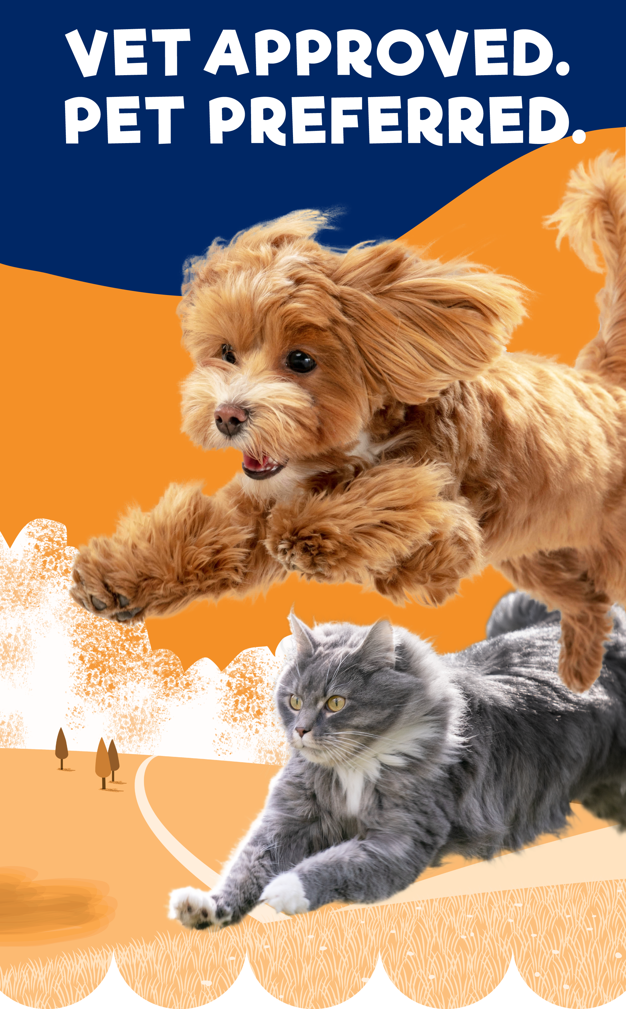 "vet approved. pet preferred." orange dog running with a gray cat in front of a 2D illustration of a monochromic field