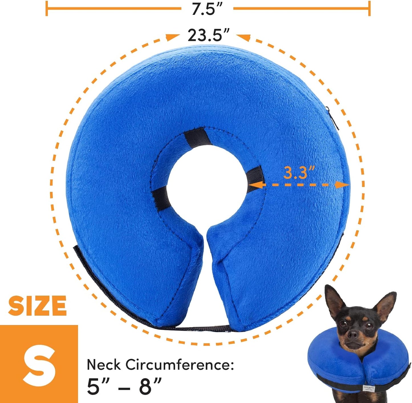 a dog wearing a blue neck pillow with text: '7.5" 23.5" 3.3 SIZE S Neck Circumference: 5" -'