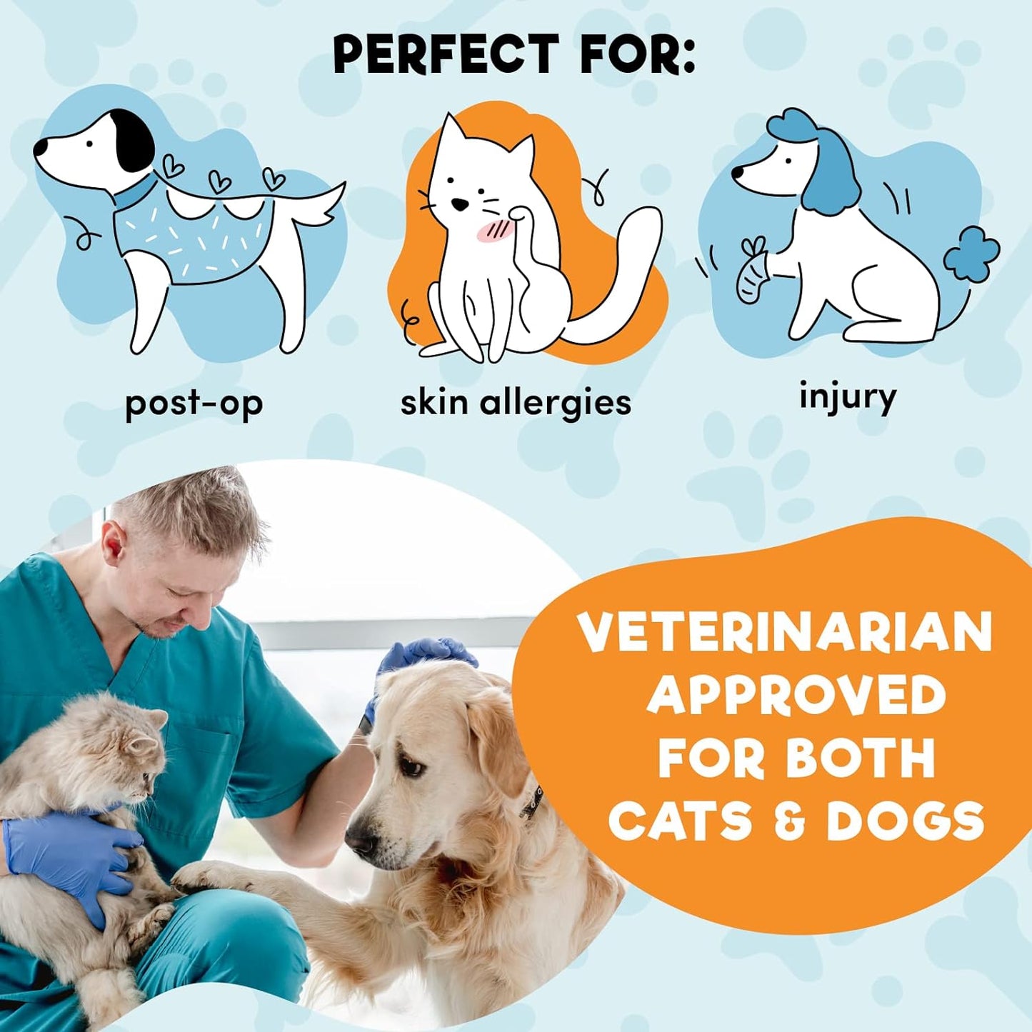 a person holding a cat and a dog with text: 'PERFECT FOR: B post-op skin allergies injury VETERINARIAN APPROVED FOR BOTH CATS & DOGS'