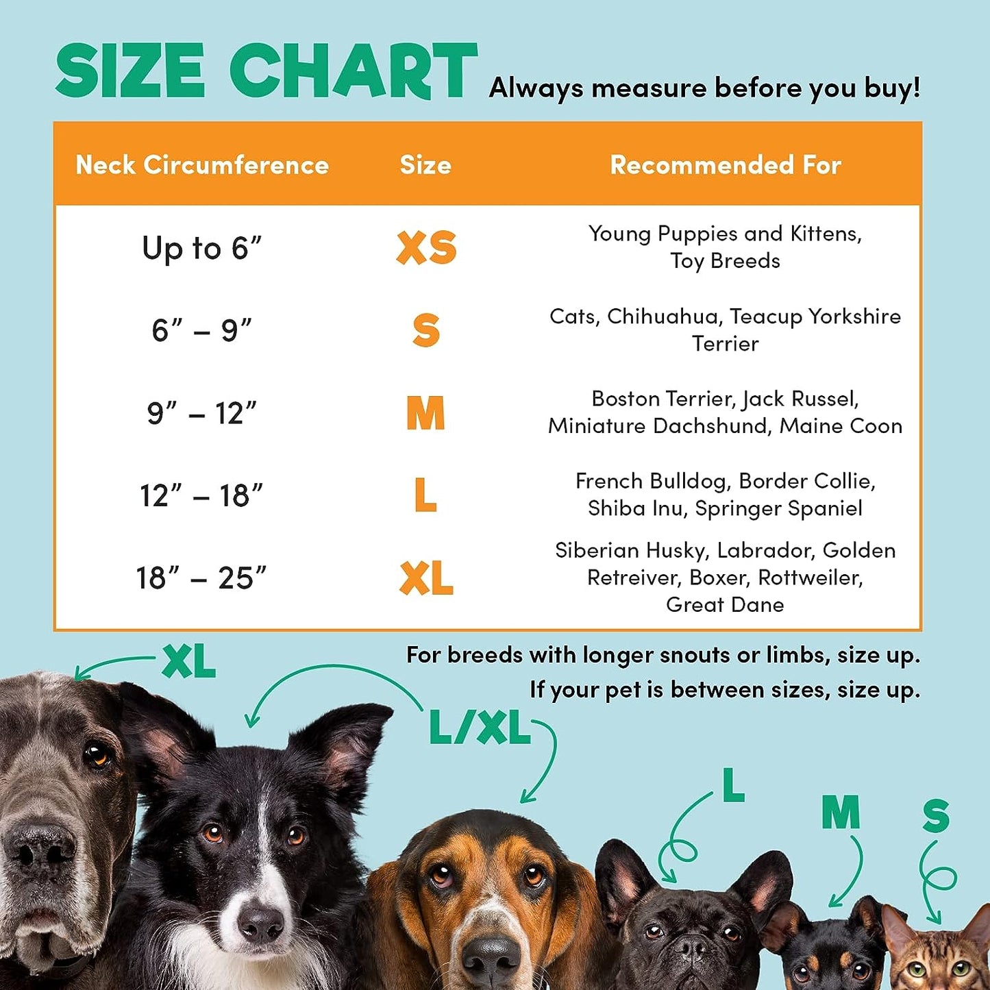 a chart of dogs and cats with text: 'SIZE CHART Always measure before you buy! Neck Circumference Size Recommended For Up to 6" XS Young Puppies and Kittens, Toy Breeds 6" - S Cats, Chihuahua, Teacup Yorkshire Terrier 9" - 12" M Boston Terrier, Jack Russel, Miniature Dachshund, Maine Coon 12" - 18" L French Bulldog, Border Collie, Shiba Inu, Springer Spaniel XL Siberian Husky, Labrador, Golden 18" - 25" Retreiver, Boxer, Rottweiler, Great Dane XL For breeds with longer snouts or limbs, size up. If your pet