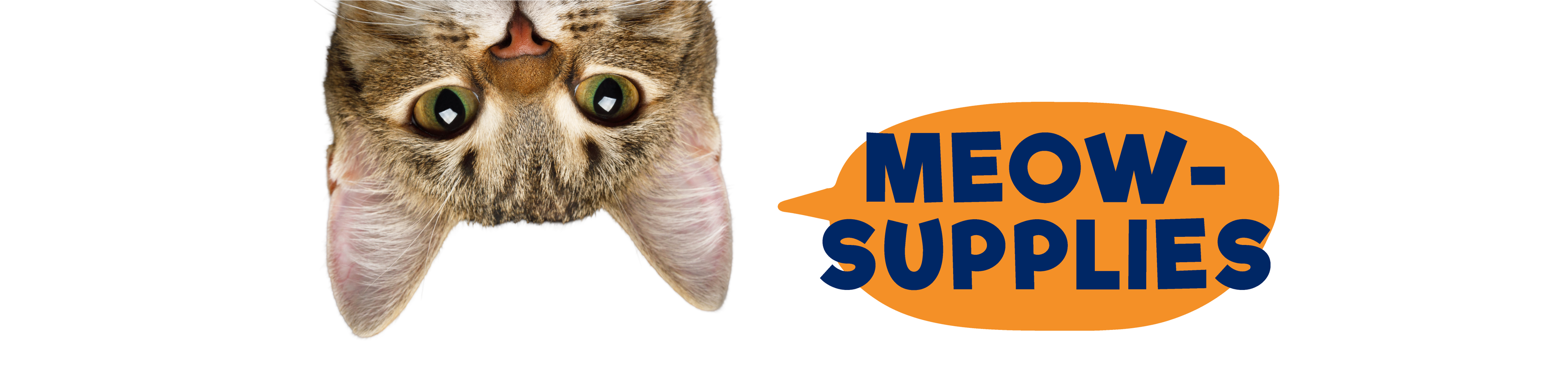 an upside down brown tabby cat peeking his head out with a speech bubble: "MEOW-SUPPLIES"