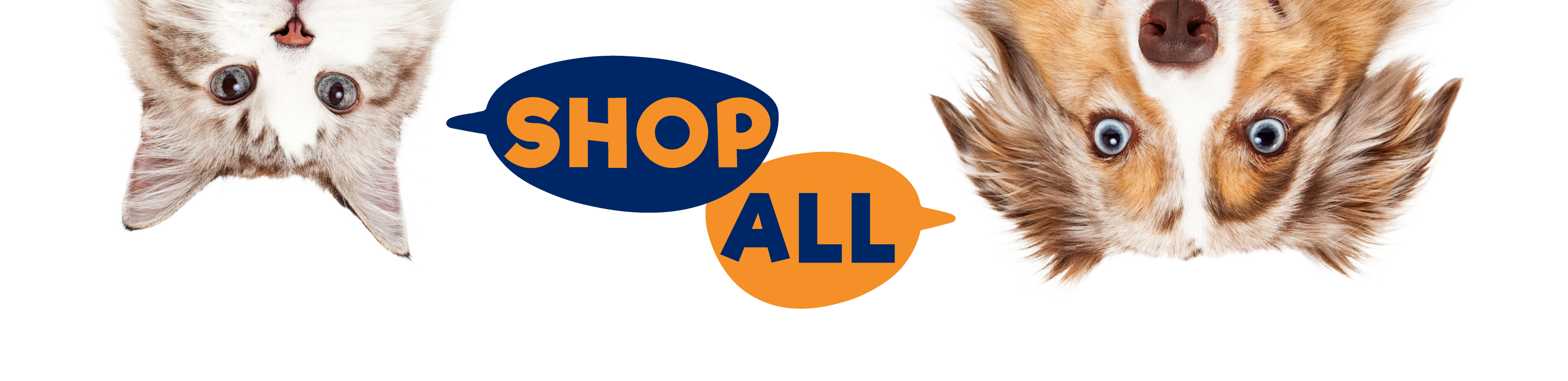 upside down cat (left) and dog (right) peeking their heads out with 2 speech bubbles: "SHOP" and "ALL"