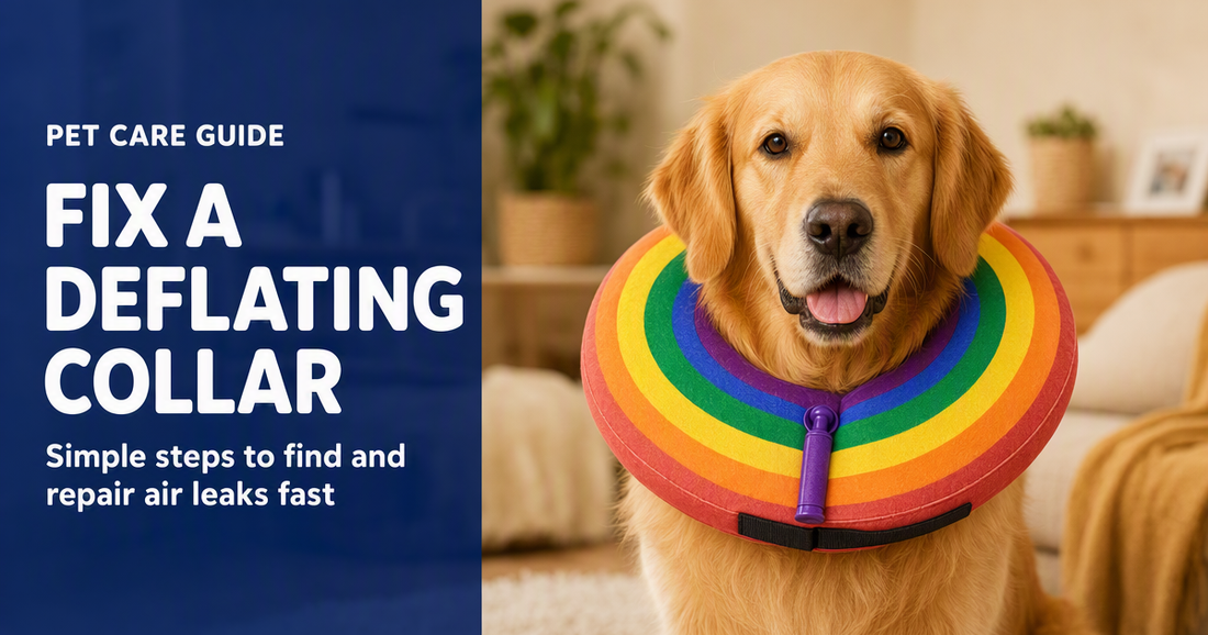 BENCMATE blog header — Inflatable Dog Collar Losing Air, Valve Troubleshooting — dog with BENCMATE inflatable recovery collar
