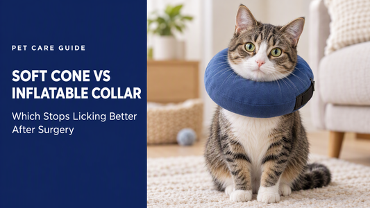BENCMATE blog header — Soft Cone vs Inflatable Collar for Cats — domestic shorthair cat with Small/Medium recovery collar