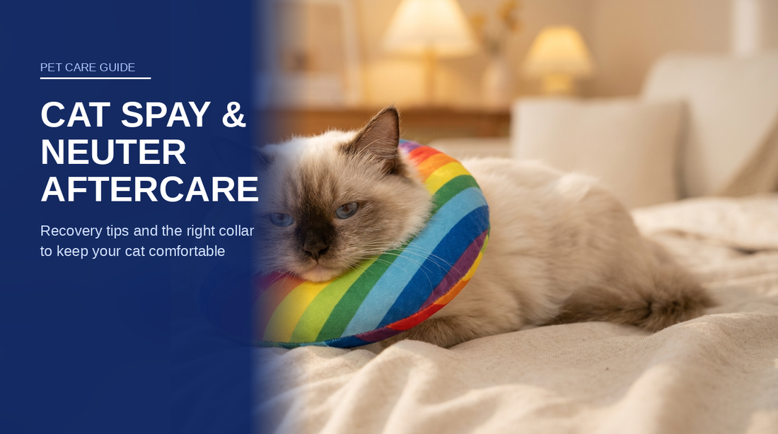 BENCMATE blog header — Cat Spay & Neuter Aftercare — Ragdoll cat with Rainbow recovery collar