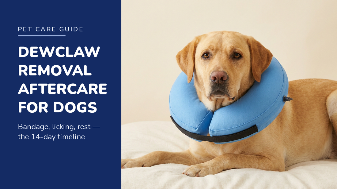 BENCMATE blog header — Dewclaw Removal Aftercare for Dogs — Yellow Labrador with Blue recovery collar