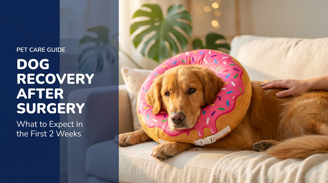 BENCMATE blog header — Dog Recovery After Surgery, the First 2 Weeks — Beagle with Strawberry Donut recovery collar