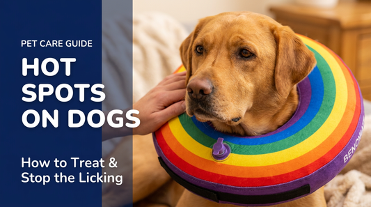 BENCMATE blog header — Hot Spots on Dogs, Treatment and Stopping the Licking — dog with Rainbow recovery collar