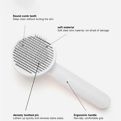 a white brush with persony needles with text: 'Round comb teeth Deep clean without hurting the skin soft material Soft steel wire material, not afraid of damage densely toothed pin Ergonomic handle Lathers up quickly and removes stains easily Non-slip, comfortable grip'