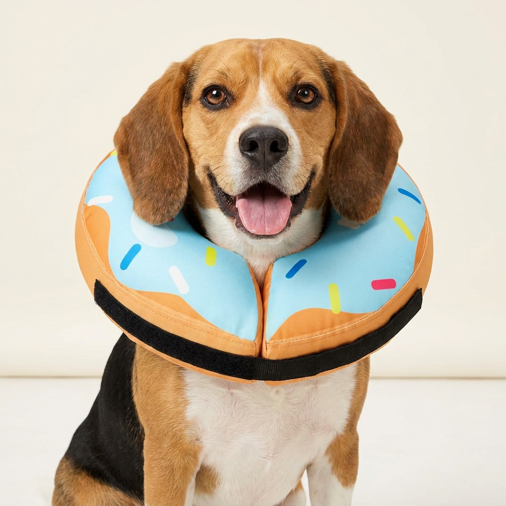 Beagle dog wearing BENCMATE Blue Donut inflatable recovery collar