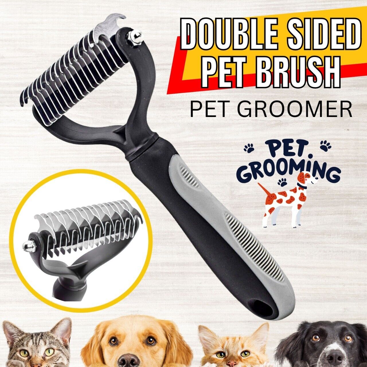 a pet groomer with a black handle with text: 'DOUBLE SIDED PET BRUSH PET GROOMER PET. GROOMING'