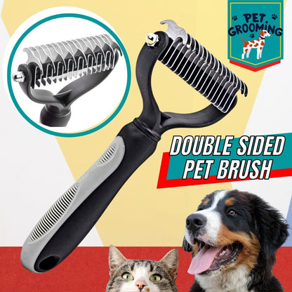 a dog and cat with a double sided pet brush with text: 'PET. GROOM DOUBLE SIDED PET BRUSH'