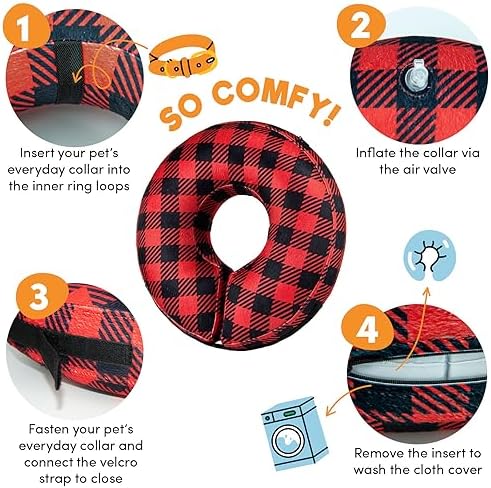 BENCMATE Plaid recovery cone – side view showing soft inflatable donut shape and adjustable closure