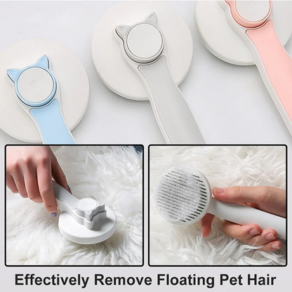 a collage of a hand holding a device with text: 'Effectively Remove Floating Pet Hair'