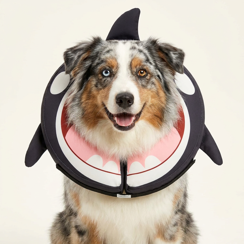 Australian Shepherd dog wearing BENCMATE Orca inflatable recovery collar - black with cartoon orca face, teeth, red mouth, cartoon eyes and 3D dorsal fin