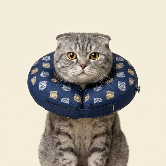 Scottish Fold cat wearing BENCMATE Police Officer inflatable recovery collar
