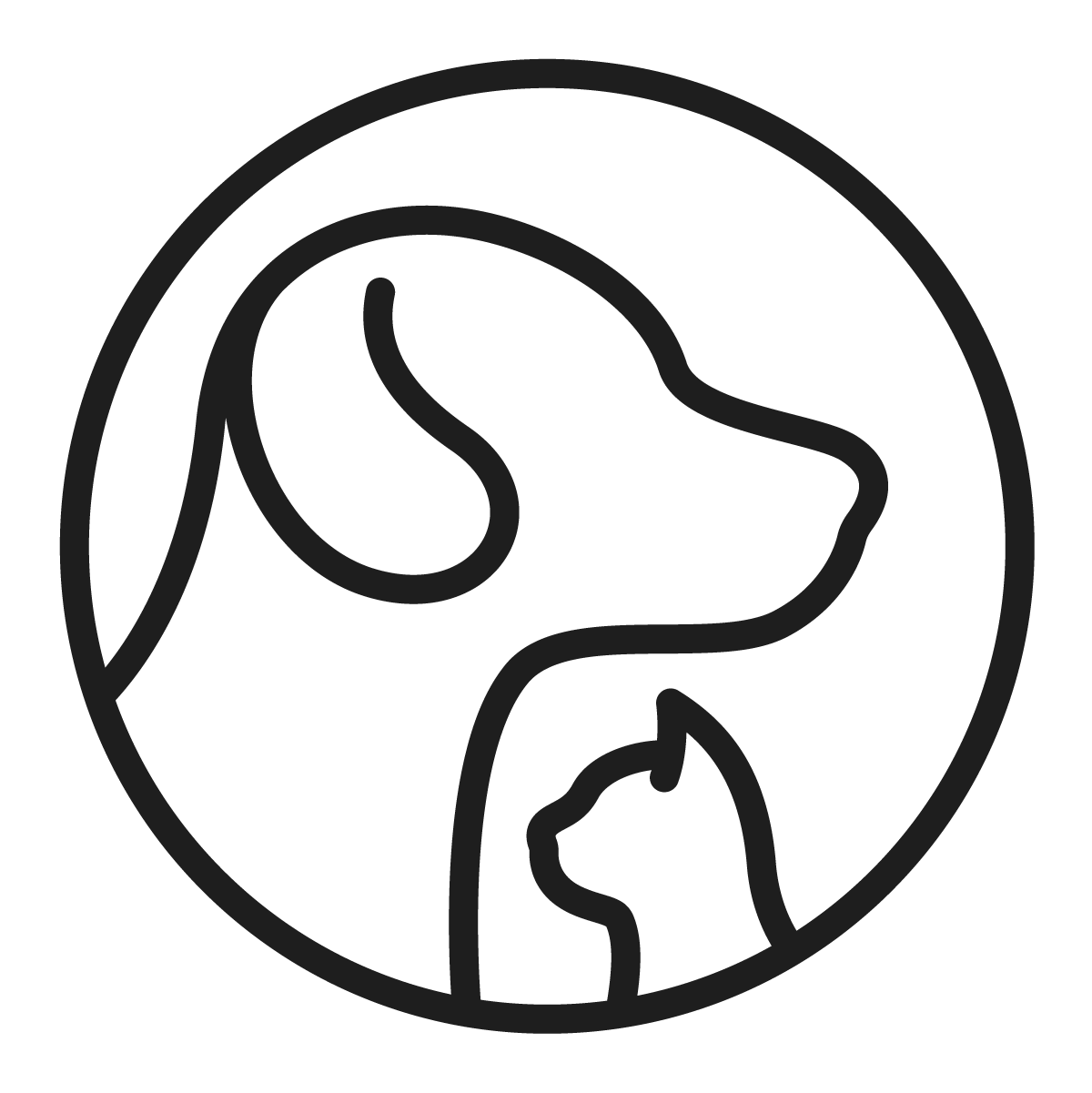 black and white outline of a dog and a cat inside of a circle