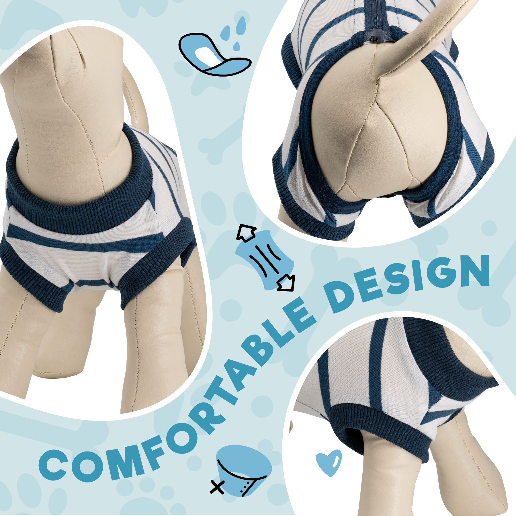 a close up of a dog wearing underwear with text: '- DESIGN X'