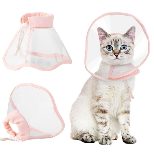 a cat wearing a pink cone