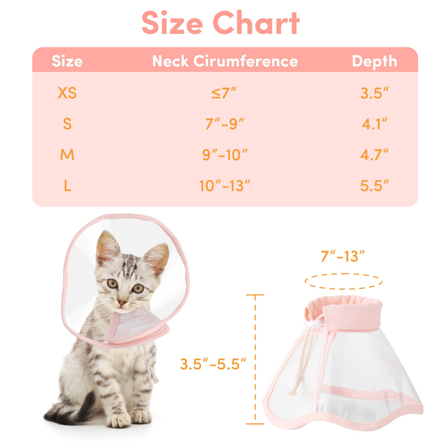 a cat wearing a neck cone with text: 'Size Chart Size Neck Cirumference Depth XS 3.5" S 4.1" M 9"-10" 4.7" L 10"-13" 7"-13" - - - 3.5"-5.5" -'