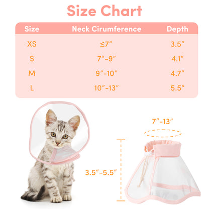 a cat wearing a neck cone with text: 'Size Chart Size Neck Cirumference Depth XS 3.5" S 4.1" M 9"-10" 4.7" L 10"-13" 7"-13" - - - 3.5"-5.5" -'