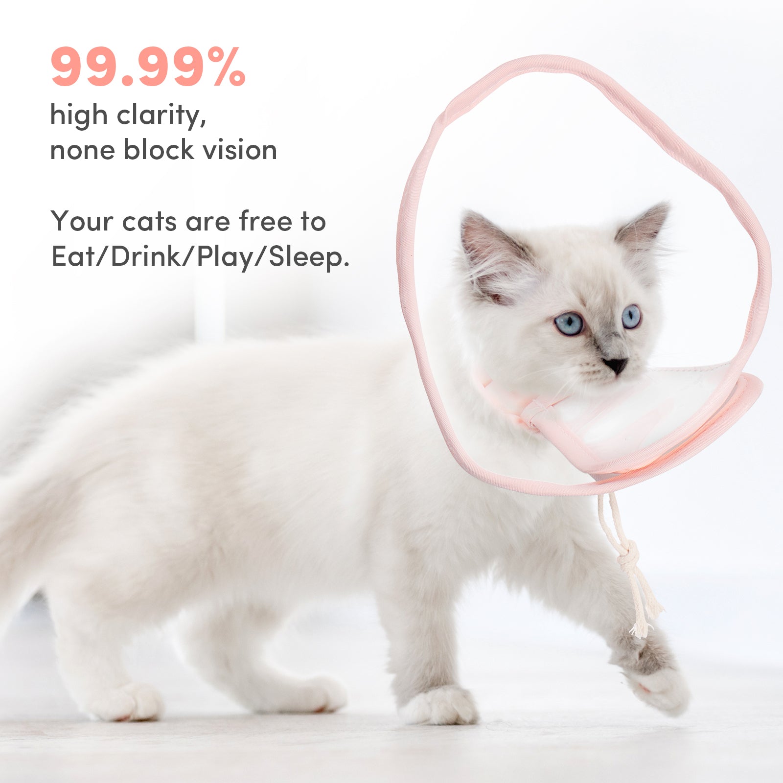 a cat with a cone around its head with text: '99.99% high clarity, none block vision Your cats are free to Eat/Drink/Play/Sleep.'