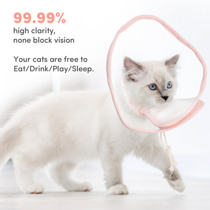 a cat with a cone around its head with text: '99.99% high clarity, none block vision Your cats are free to Eat/Drink/Play/Sleep.'