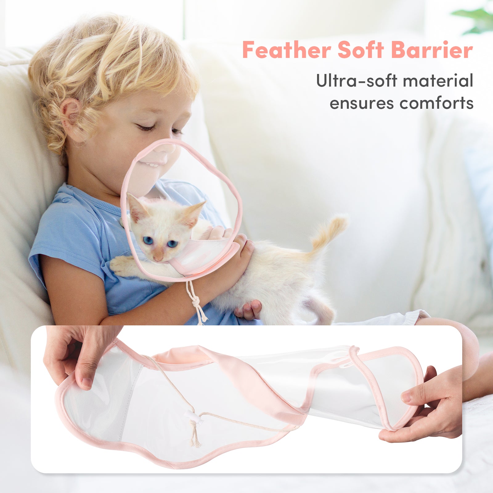 a child holding a cat with text: 'Feather Soft Barrier Ultra-soft material ensures comforts'