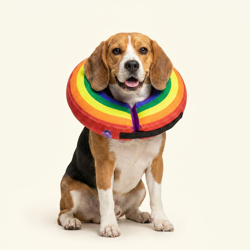 Beagle wearing BENCMATE Rainbow inflatable recovery collar