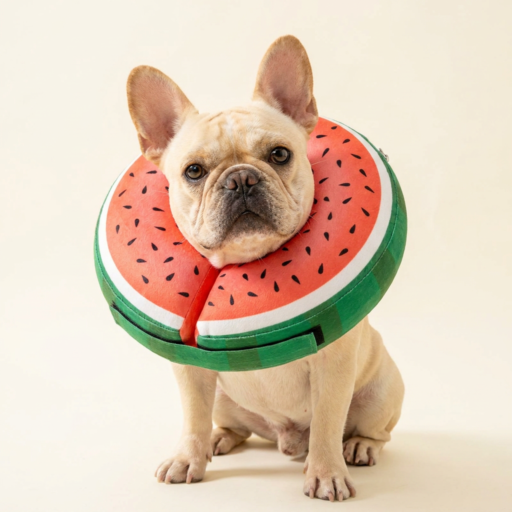 French Bulldog wearing BENCMATE Watermelon inflatable recovery collar