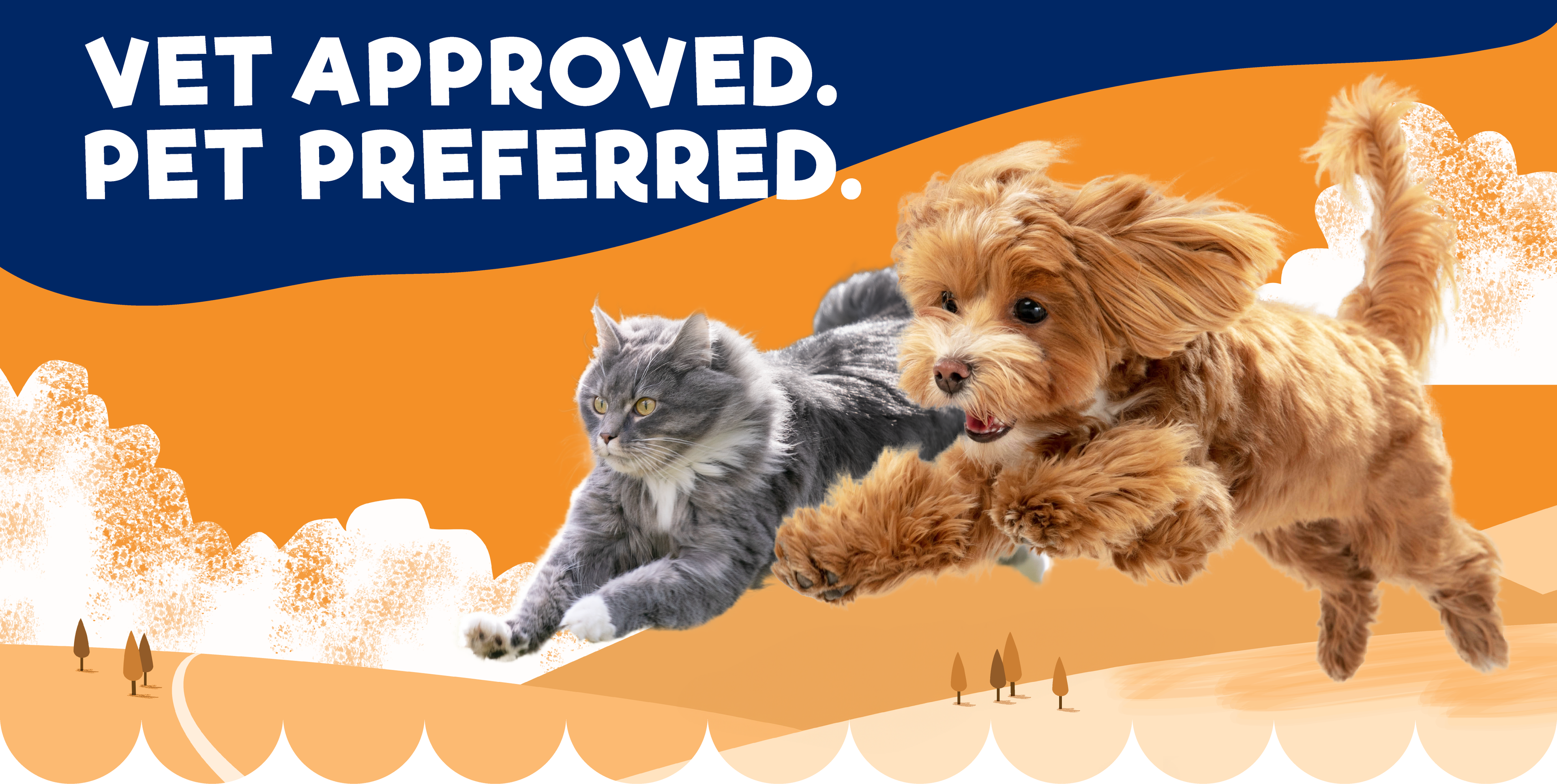 "vet approved. pet preferred." orange dog running with a gray cat in front of a 2D illustration of a monochromic field 